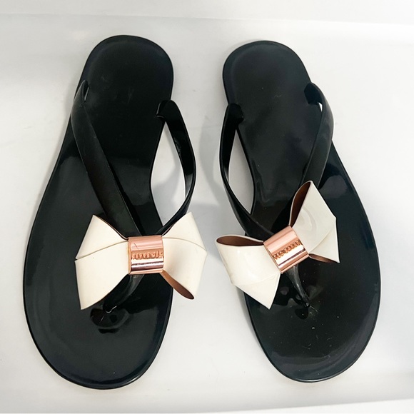 Ted Baker Ettiea Jelly Bow Black White Flip Flop Thong Sandals - Picture 2 of 9